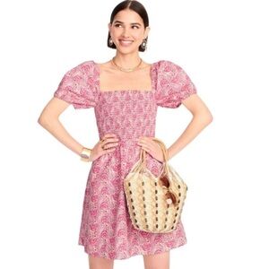 J.Crew Puff-sleeve Smocked Mini Dress Dandelion Swirl Pink Size Small OBO CHIC